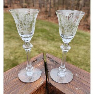 Pair Tiffin Cherokee Rose Etch 17392 Liquor Cordial Goblet 3 ounce Elegant Glass